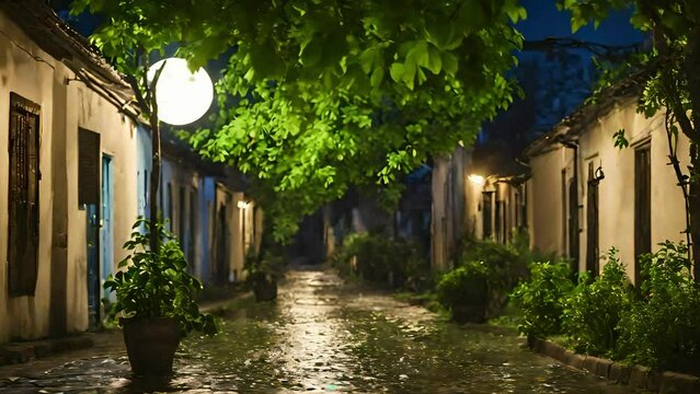 beautiful village alley in night under big moon, beautiful alley in night, relaxing nature, calming nature, asmr, travel, youtube, stock videos, life stock, nature videos, village alley in night