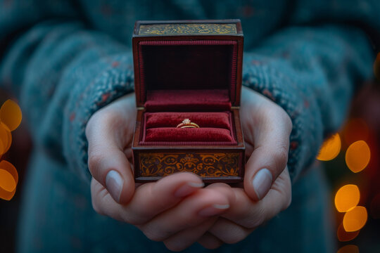 Romantic Proposal Moment: Person Holding Engagement Ring in Velvet Box