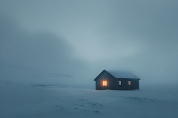 Solitary figure sitting on a park bench at night, illuminated by street lamps with a mysterious, foggy background, evoking a sense of loneliness or contemplation.