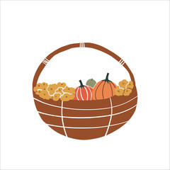 Basket of pumpkins and flowers vector clipart. Cute hand drawn autumn basket illustration. For thematic designs, stickers, patterns. Autumn Thanksgiving illustration isolated on white background