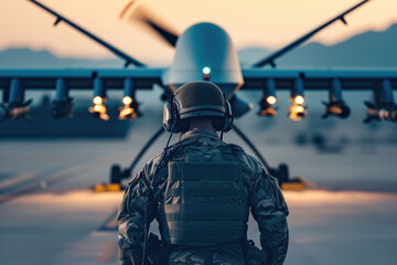 Military operator prepares drone equipped with artificial intelligence for flight during combat missions AI Generative - obrazy, fototapety, plakaty