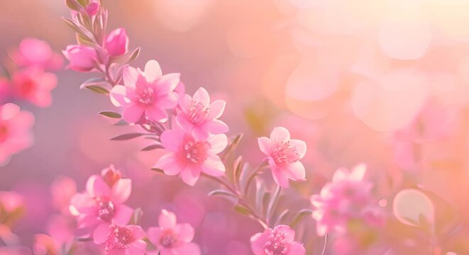 A branch of delicate pink flowers against a blurry background of light.