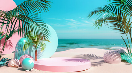 Fototapeta na wymiar Stylized tropical beach scene with pastel colors and geometric shapes