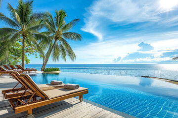  Outdoor swimming pool in luxury tropical beachfront resort. Summer, holiday and relaxiation concept
