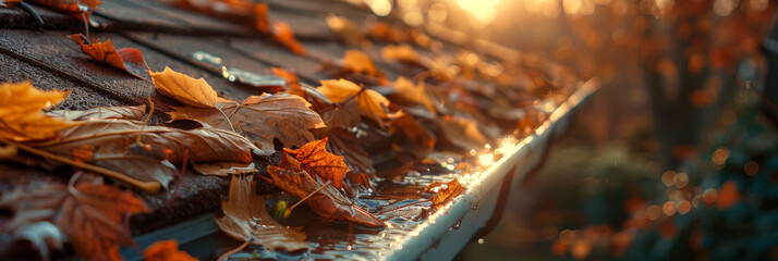 Autumn Leaves on Rainy Gutter at Golden Sunset - obrazy, fototapety, plakaty