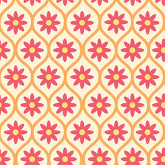 Retro Red Flowers on Orange Mid Century oval ogee seamless pattern over white background. For home décor, textile and fabric - obrazy, fototapety, plakaty