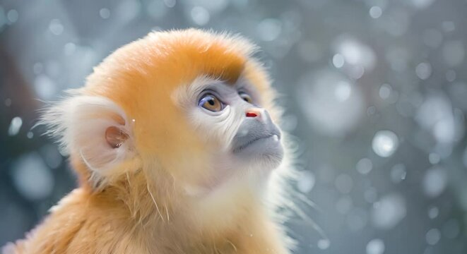 A baby monkey looking up at the snow falling.