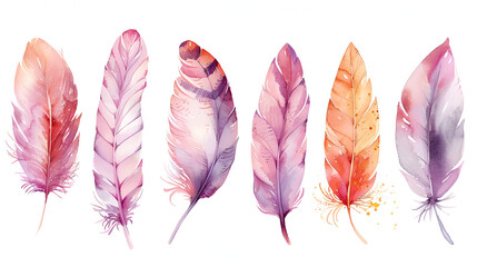 Hand-drawn watercolor feather set, generative Ai