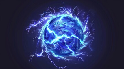 Electric ball, round lightning frame, blue thunderbolt circle border, magic portal, energy strike. Green plasma sphere, powerful electrical isolated discharge dazzle, realistic modern illustration in