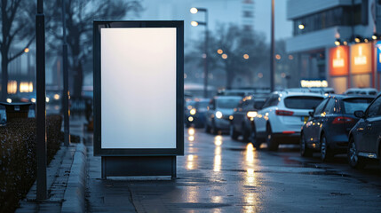 Effective outdoor advertising strategy: placing a blank poster mockup in a car park for maximum visibility among parked vehicles to reach a wide audience. - obrazy, fototapety, plakaty