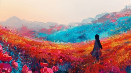 Vibrant digital painting of a person in a colorful field looking towards distant mountains. - obrazy, fototapety, plakaty