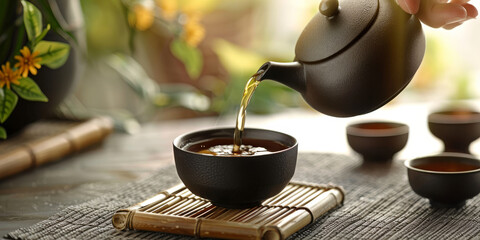 Fototapeta premium Traditional Asian Tea Ceremony with Elegant Teapot and Cup