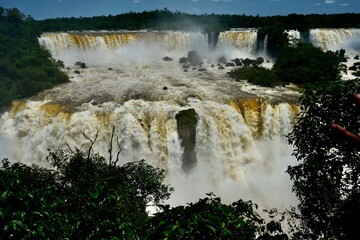The powerful Iguazu Waterfalls in Brazil at their height of power. 