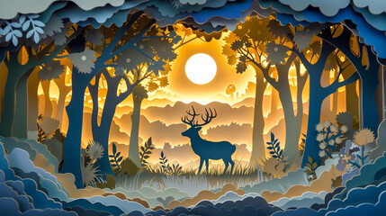 Paper Art Style: Paper Cut Deer Standing in a Forest - papercraft, woodland decor