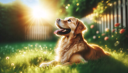 A joyful golden retriever lying in the grass, basking in the sunlight with a soft-focused green background