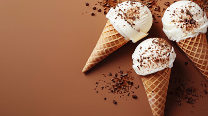 Delicious vanilla ice cream cones with chocolate shavings on a brown background.