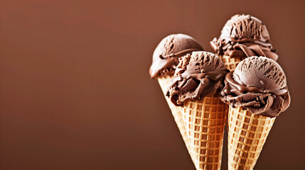 Three chocolate ice cream cones with a melted chocolate topping on a brown background