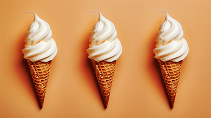 Three vanilla soft serve ice cream cones arranged in a row on a peach background