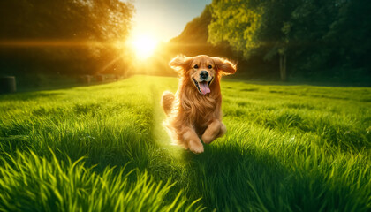 An energetic, long-haired golden retriever joyfully running across a lush green field