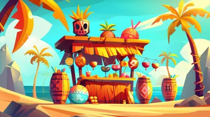 Poster Modern cartoon tropical landscape with sea, palm trees, and coffee shop with cocktails. Exotic vacation and travel concept with tiki bar, wooden hut and tribal masks. © Mark