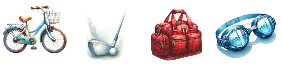 Watercolor sports equipment on white background