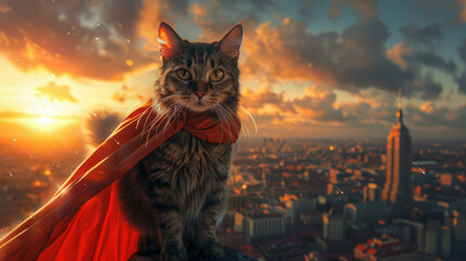A tabby cat dressed as a superhero stands heroically atop a cityscape at dusk, portraying a scene of bravery and strength. - obrazy, fototapety, plakaty