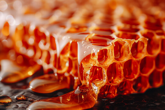 Macro close up golden liquid honey. Sticky orange texture. Honey flow from the honeycomb. Natural background