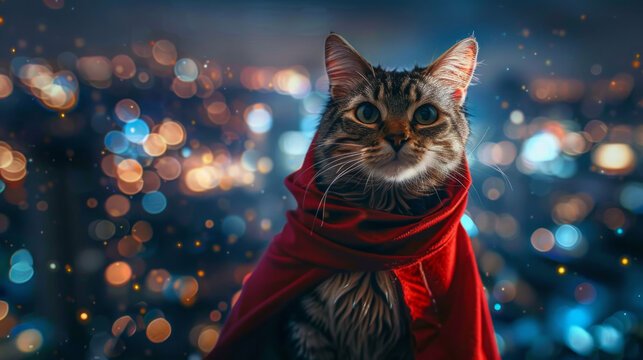 Illustration of a tabby cat dressed as a superhero standing heroically on a cityscape at dusk, depicting courage and strength in a whimsical way.