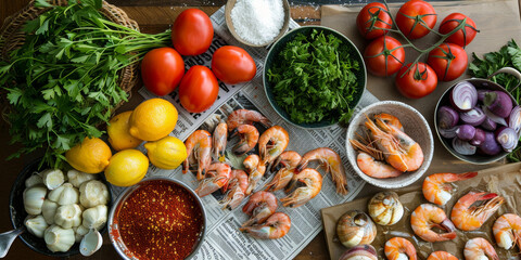 Fresh Seafood and Vegetables on a Wooden Kitchen Table