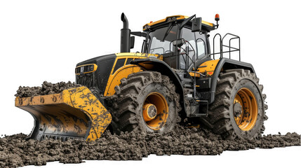A yellow and black tractor is plowing through a muddy field on a transparent background - obrazy, fototapety, plakaty