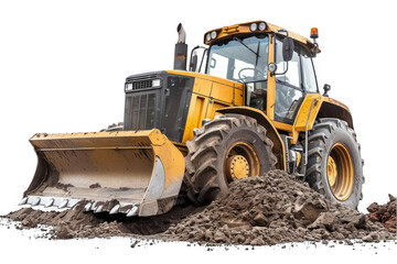 A yellow tractor with a large shovel on the front on a transparent background