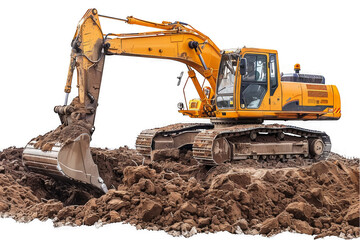 A large yellow and black construction vehicle is digging into the dirt on a transparent background