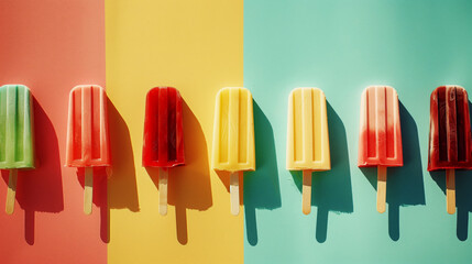 Colorful popsicles aligned on a split background of pink, yellow, and blue