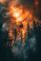 Helicopter Battling Intense Forest Fire Amidst Smoke and Flames