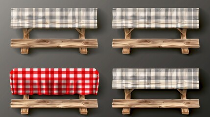 The empty wood picnic table with benches and the red plaid tablecloth isolated on a transparent background is a realistic image that may be used in a garden, park or camping site. - obrazy, fototapety, plakaty