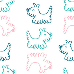 Animal cartoon seamless pattern with cute doodle shaggy dogs. Perfect print for tee, paper, textile and fabric. Hand drawn vector illustration for decor and design.