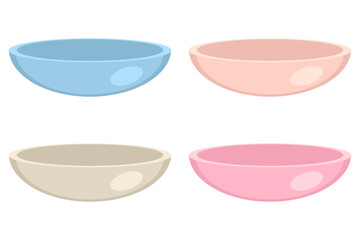 Empty bowls of different pastel colors collection. Perfect print for stickers, poster, menu.