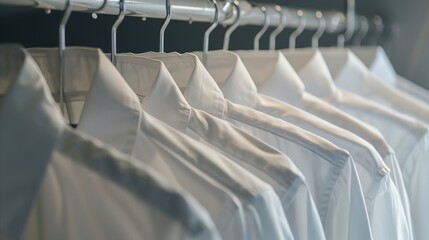 White men shirts hanging on rack in a warderobe