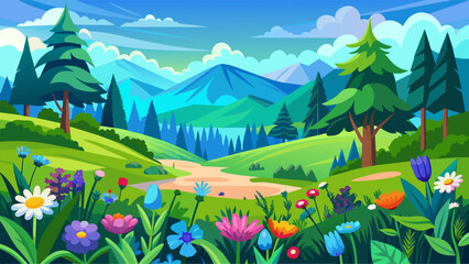 Fototapeta premium Vector summer landscape green meadow with blue sky. Colorful wild flowers blooming. Artistic drawing with green forest and natural flora.