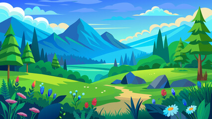 Vector summer landscape green meadow with blue sky. Colorful wild flowers blooming. Artistic drawing with green forest and natural flora.