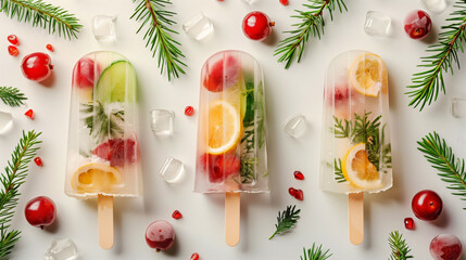 Three fruit popsicles with herbs and berries on a white background with ice cubes