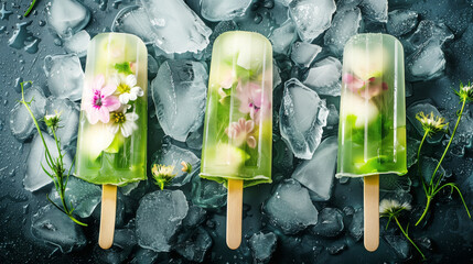 Three floral popsicles on a bed of melting ice cubes and water droplets.
