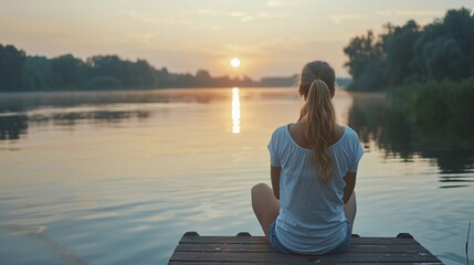 outdoor meditation by lake at calm morning, woman on pier enjoying wellbeing and wellness concept