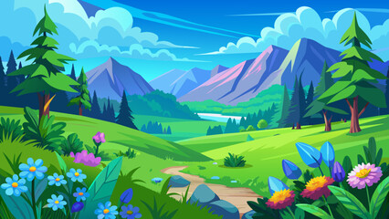 Vector summer landscape green meadow with blue sky. Colorful wild flowers blooming. Artistic drawing with green forest and natural flora.