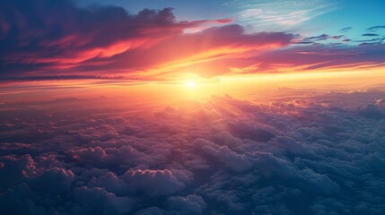 Aerial view of a stunning cloudscape at sunrise from above the clouds. - obrazy, fototapety, plakaty