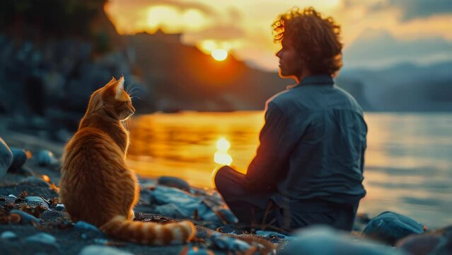 Young man sitting on the beach with his cat and watching the sunset