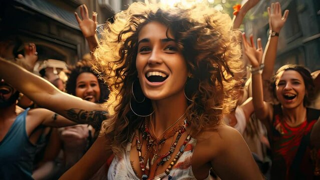 Image of joyful young hippie woman dancing at music festival. Looking aside