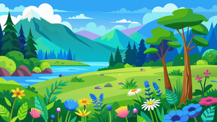 Fototapeta na wymiar Vector summer landscape green meadow with blue sky. Colorful wild flowers blooming. Artistic drawing with green forest and natural flora.