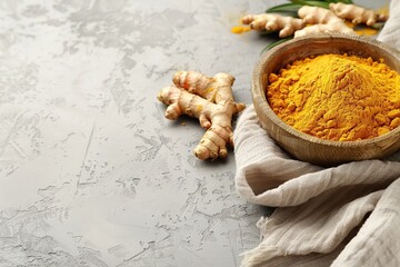 Turmeric root and yellow curcuma powder in the bowl. Fresh turmeric rhizome with sliced over light grey concrete background. Ground spice for cooking. Herb medical concept. Natural organic ingredient - obrazy, fototapety, plakaty
