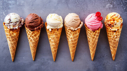 A row of various ice cream cones on a grey textured background.